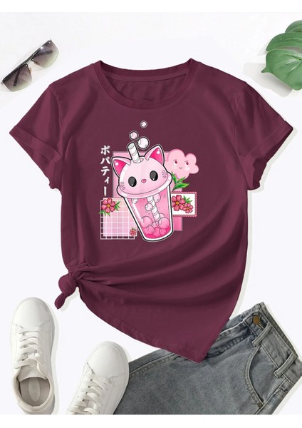 Bubble Tea Şirin Kedi Tasarım Baskılı Kadın T-Shirt