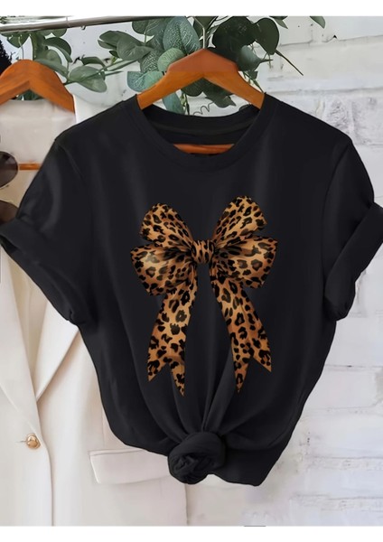 Leopar Desenli Kurdele Baskılı Kadın Pamuk T-Shirt