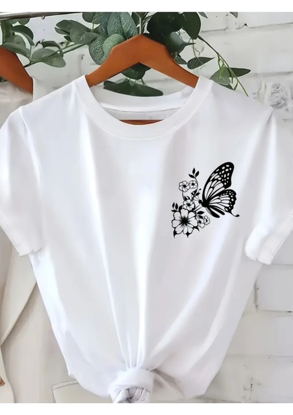 Minimal Kelebek Çiçek Baskılı Kadın Bebe Mavisi Pamuk T-Shirt