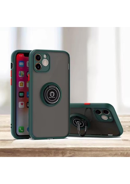 Aksesuar iPhone 12 ile Uyumlu Arka Kısmı Mat Şeffaf Yapıya Sahip Manyetik Yüzük Stantlı Kenarları Silikon Tpu Malzemeden Üretilmiş Renkli Tuşlara Sahip Kamera Korumalı Transparan Kılıf (Yeşil)