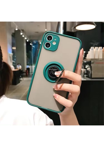 Aksesuar iPhone 12 ile Uyumlu Arka Kısmı Mat Şeffaf Yapıya Sahip Manyetik Yüzük Stantlı Kenarları Silikon Tpu Malzemeden Üretilmiş Renkli Tuşlara Sahip Kamera Korumalı Transparan Kılıf (Yeşil) fiyatları