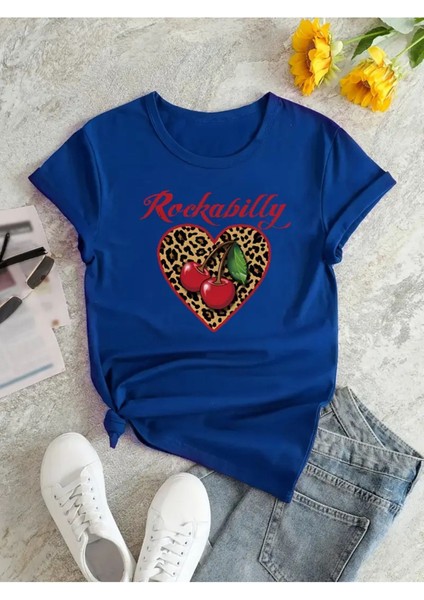 Rockabilly Leopar & Kiraz Baskılı Pamuk T-Shirt