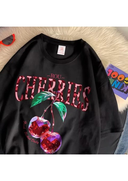 Rou Cherries Pembe Leopar & Kristal Özel Tasarım Baskılı Kadın T-Shirt