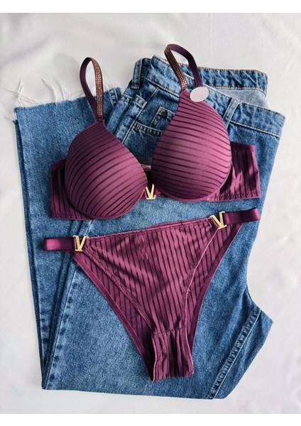Kadın Mor Taşlı Çizgili V Model Destekli Balenli Sütyen Takım Iç Çamaşırı Takımı