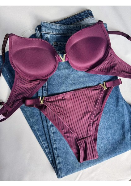 Kadın Mor Taşlı Çizgili V Model Destekli Balenli Sütyen Takım Iç Çamaşırı Takımı fiyatları