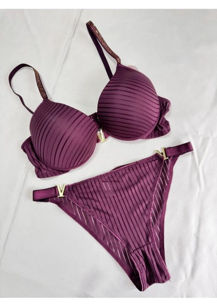 Kadın Mor Taşlı Çizgili V Model Destekli Balenli Sütyen Takım Iç Çamaşırı Takımı modelleri