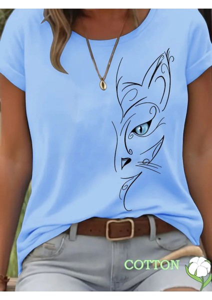 Mavi Gözlü Kedi Minimal Tasarım Baskılı Kadın Pamuk T-Shirt