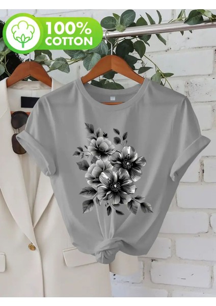 Gri Çiçek Tasarım Baskılı Kadın Pamuk T-Shirt
