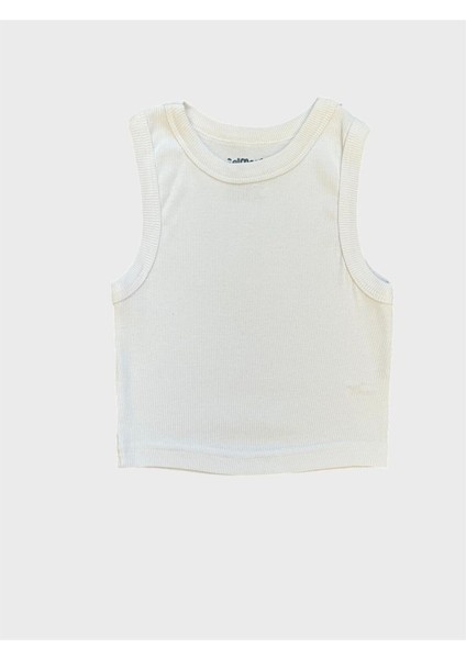 Kız Çocuk %100 Pamuklu Kumaş Beyaz Renk Fitilli Sıfır Kol Crop