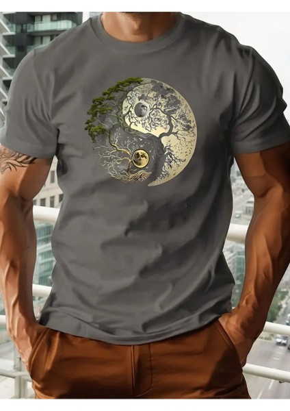 Ying Yang Ağaç Tasarım Baskılı Erkek Pamuk T-Shirt