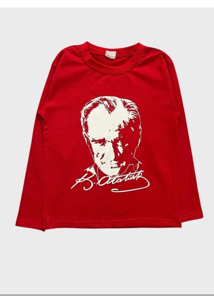 Çocuk Pamuklu Kırmızı Atatürk Desenli Uzun Kollu Bisiklet Yaka Tshirt fiyatları