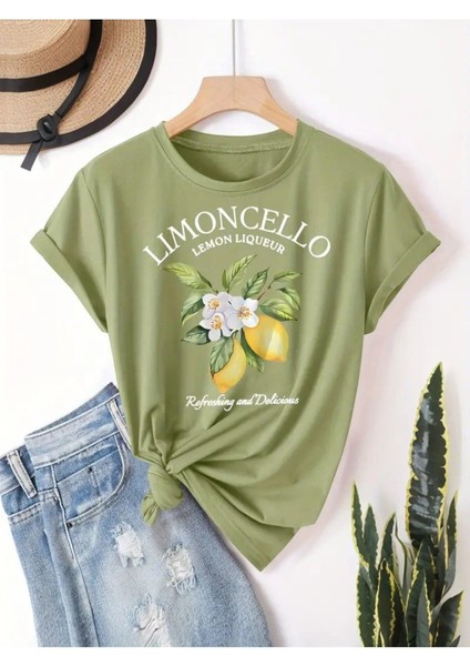Limoncello Lemon Liqueur Baskılı Kadın Haki Yeşili T-Shirt