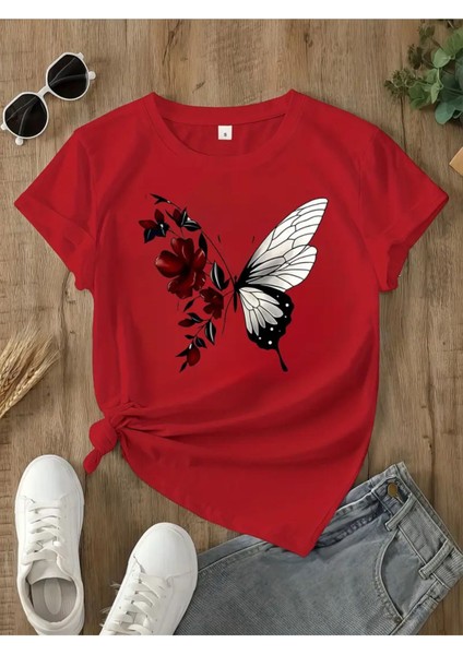 Gül & Kelebek Özel Tasarım Baskılı Kadın Pamuk T-Shirt