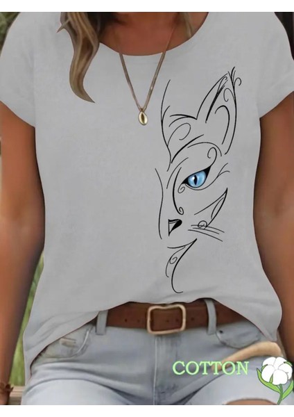 Mavi Gözlü Kedi Minimal Tasarım Baskılı Kadın Pamuk T-Shirt