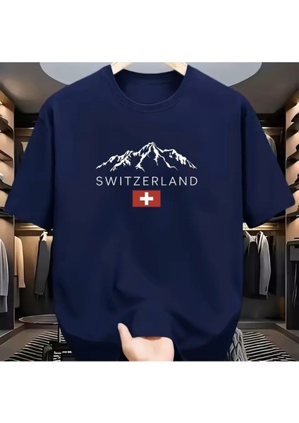 Isviçre Alpleri Baskılı Pamuk T-Shirt