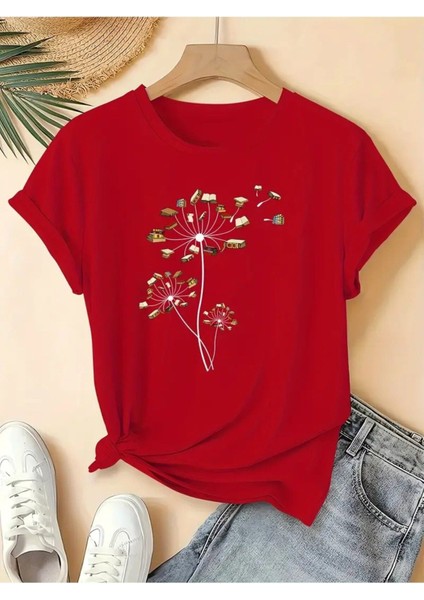 Kitap & Çiçek Tasarım Baskılı Kadın Pamuk T-Shirt