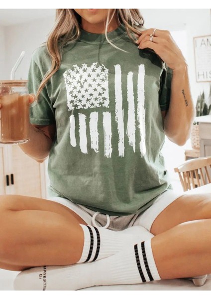 Amerika Bayrağı Dikey Özel Tasarım Baskılı Kadın Pamuk T-Shirt