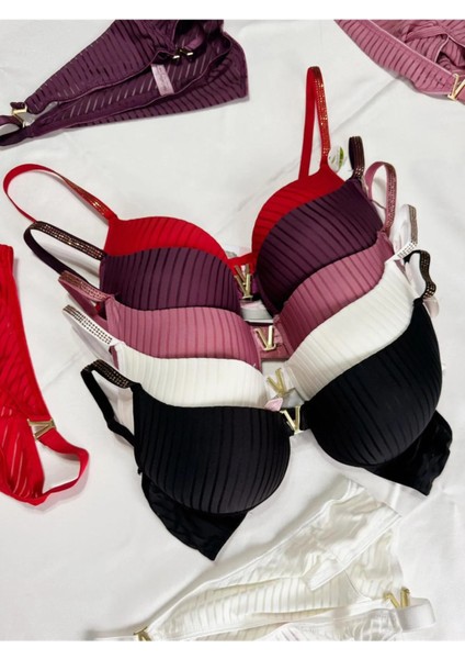Beyaz Gelincik Underwear Gold Night Kadın Siyah Kırmızı Beyaz Taşlı Çizgili V Model Destekli Balenli Sütyen Takım Beşli Kutulu Paket