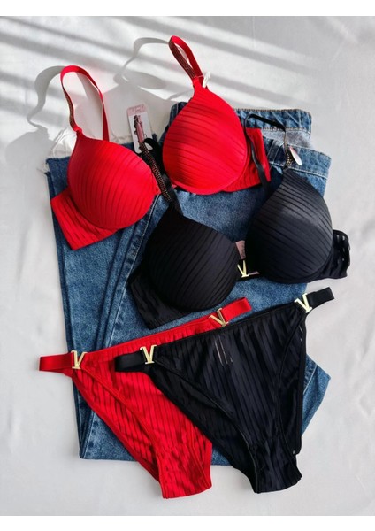 Beyaz Gelincik Underwear Gold Night Kadın Siyah Kırmızı Beyaz Taşlı Çizgili V Model Destekli Balenli Sütyen Takım Beşli Kutulu Paket fiyatları