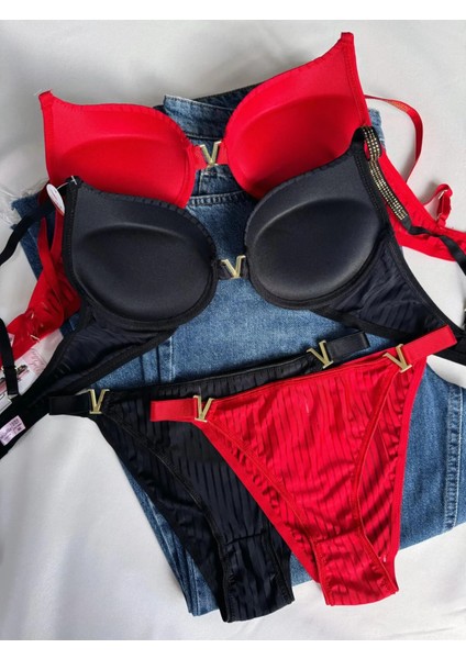 Beyaz Gelincik Underwear Gold Night Kadın Siyah Kırmızı Beyaz Taşlı Çizgili V Model Destekli Balenli Sütyen Takım Beşli Kutulu Paket fırsatları