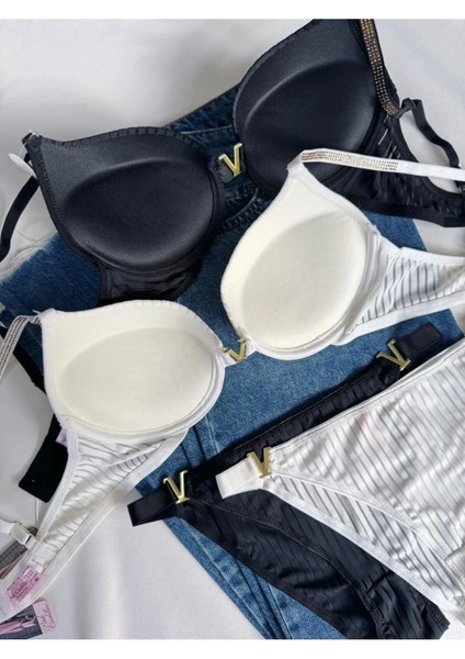 Beyaz Gelincik Underwear Gold Night Kadın Siyah Kırmızı Beyaz Taşlı Çizgili V Model Destekli Balenli Sütyen Takım Beşli Kutulu Paket