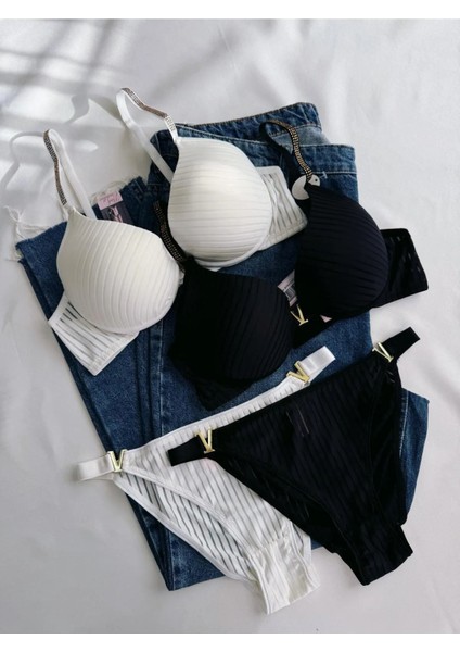 Beyaz Gelincik Underwear Gold Night Kadın Siyah Kırmızı Beyaz Taşlı Çizgili V Model Destekli Balenli Sütyen Takım Beşli Kutulu Paket