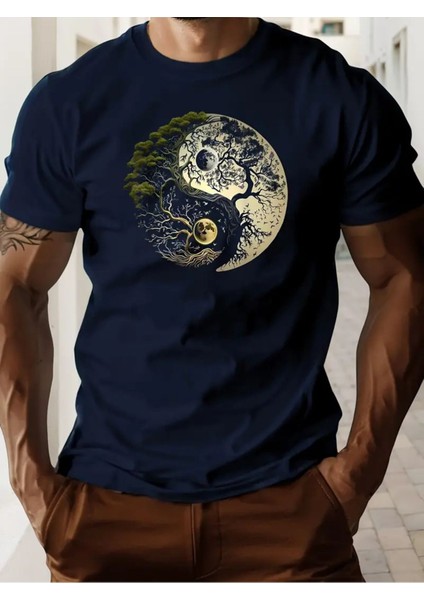 Ying Yang Ağaç Tasarım Baskılı Erkek Pamuk T-Shirt