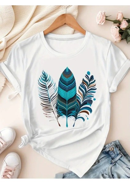 Mavi Kuştüyleri Baskılı Kadın Pamuk T-Shirt