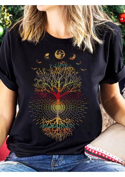 Yaşam Ağacı & Gezegen Baskılı Siyah Kadın T-Shirt