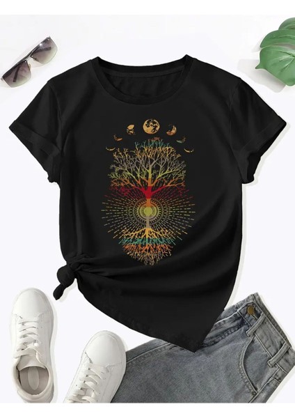 Yaşam Ağacı & Gezegen Baskılı Siyah Kadın T-Shirt fiyatları