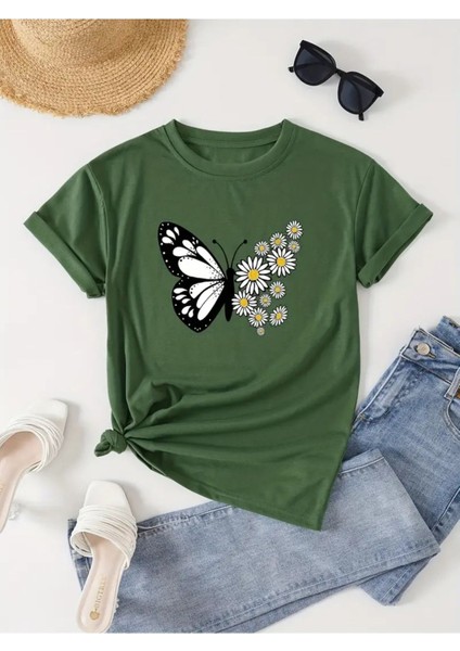 Kelebek & Papatya Baskılı Kadın Pamuk T-Shirt