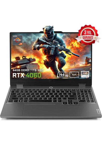 Loq 15ARP9 83JC00FKTRV5 Amd Ryzen 7-7435HS 64GB Ddr5 1tb SSD RTX4060 8gb 105W 15.6 Inç 144Hz Full Hd Freedos Gaming Laptop