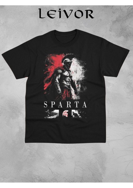 Sparta Savaşçı Tasarım Baskılı Unisex Siyah T-