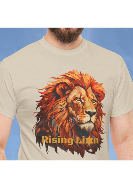 Yükselen Aslan Baskılı Pamuk T-Shirt