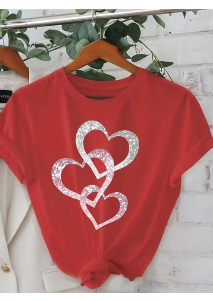 Üçlü Kalp Özel Tasarım Baskılı Kadın T-Shirt