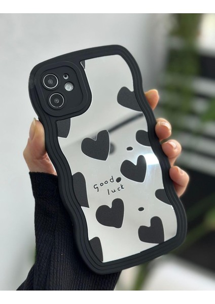 Aksesuar Iphone 11 ile Uyumlu Aynalı Siyah Kalp Tasarım Dalgalı Kenar Darbe Önleyici Silikon Kılıf
