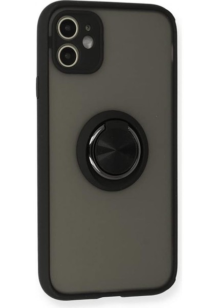 Aksesuar iPhone 11 ile Uyumlu Arka Kısmı Mat Şeffaf Yapıya Sahip Manyetik Yüzük Stantlı Kenarları Silikon Tpu Malzemeden Üretilmiş Renkli Tuşlara Sahip Kamera Korumalı Transparan Kılıf (Siyah)