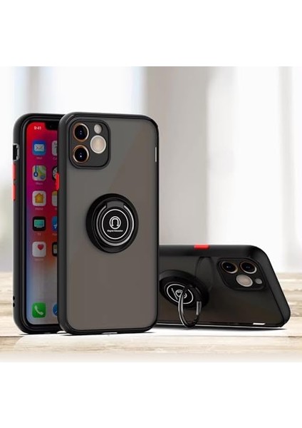 Aksesuar iPhone 11 ile Uyumlu Arka Kısmı Mat Şeffaf Yapıya Sahip Manyetik Yüzük Stantlı Kenarları Silikon Tpu Malzemeden Üretilmiş Renkli Tuşlara Sahip Kamera Korumalı Transparan Kılıf (Siyah) fiyatları