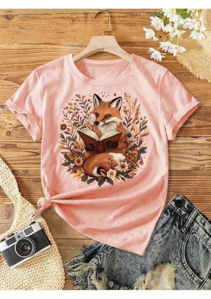 Kitap & Tilki Baskılı Kadın Pamuk T-Shirt