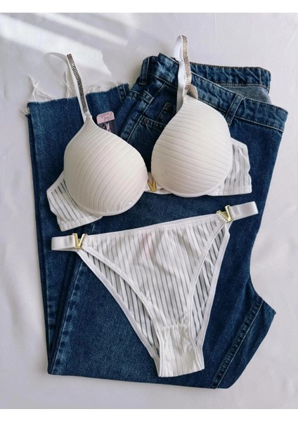 Beyaz Gelincik Underwear Gold Night Kadın Siyah Beyaz Taşlı Çizgili V Model Destekli Balenli Sütyen Takım Ikili Kutulu Paket modelleri