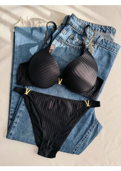 Beyaz Gelincik Underwear Gold Night Kadın Siyah Beyaz Taşlı Çizgili V Model Destekli Balenli Sütyen Takım Ikili Kutulu Paket indirimleri