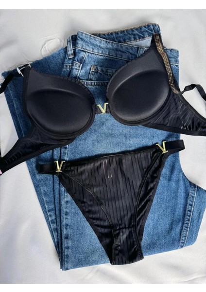 Beyaz Gelincik Underwear Gold Night Kadın Siyah Beyaz Taşlı Çizgili V Model Destekli Balenli Sütyen Takım Ikili Kutulu Paket