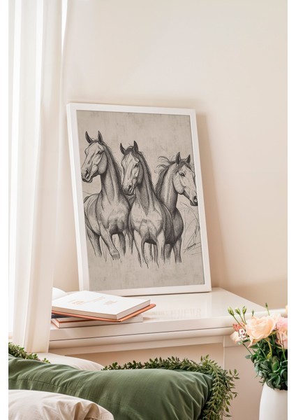 Beyaz Çerçeveli Tablo, Üçlü At Eskiz Çizimi – Siyah Beyaz, Ofis Dekoru Poster No: 108664 fiyatları