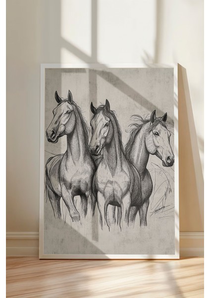 Beyaz Çerçeveli Tablo, Üçlü At Eskiz Çizimi – Siyah Beyaz, Ofis Dekoru Poster No: 108664 modelleri