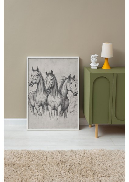 Beyaz Çerçeveli Tablo, Üçlü At Eskiz Çizimi – Siyah Beyaz, Ofis Dekoru Poster No: 108664 fırsatları