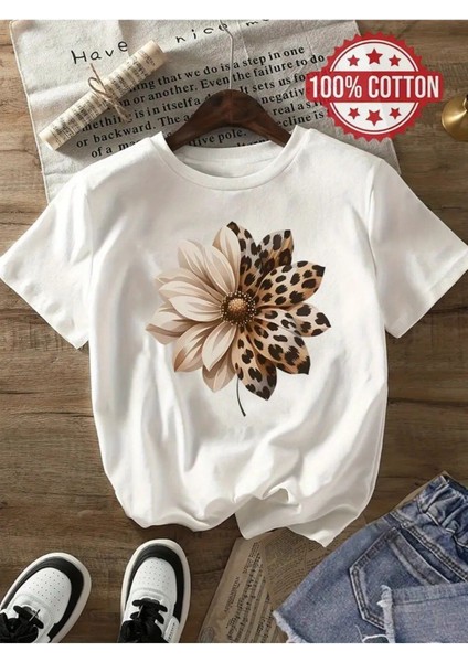 Papatya & Leopar Tasarım Baskılı Kadın Pamuk T-Shirt