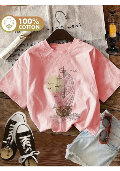 Yelkenli Gemi Sonsuza Yolculuk Baskılı Kadın Pamuk T-Shirt
