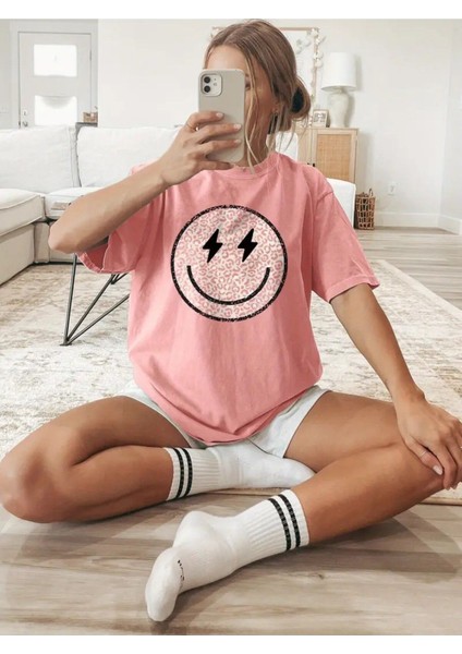 Gülümseyen Ifade Baskılı Kadın Pamuk T-Shirt