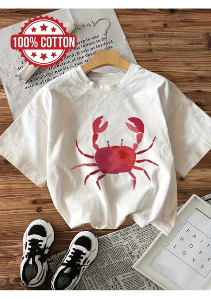 Yengeç Baskılı Kadın Pamuk T-Shirt