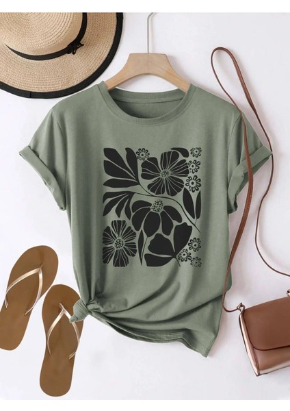 Siyah Çiçek Portre Tasarım Baskılı Kadın Haki T-Shirt